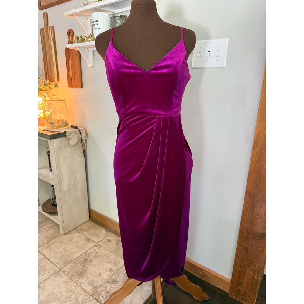 Lulus Magenta Purple‎ Velvet Wrap Midi Dress V-Neck Womens Medium whimsigoth